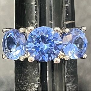 Technibond silver vintage blue Tanzanite 3-stone anniversary cocktail band ring
